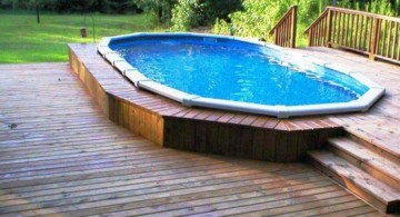 simple small swimming pool design idea with rustic wooden deck