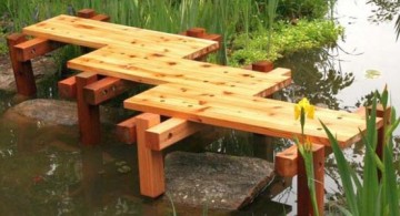 simple small zigzag DIY garden bridge without railings for nice little fish pond