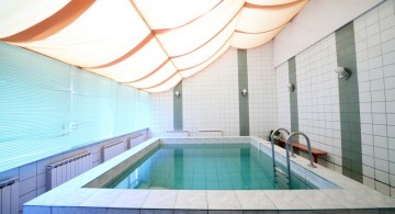 small enclosed swimming pool with unique ceiling