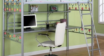 steel framed white loft bed with desk