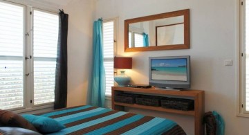 striped brown and blue bedroom