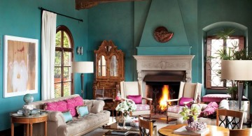 turquoise living room decor with exposed beam ceiling