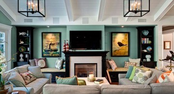 turquoise living room decor with unique hanging lamp