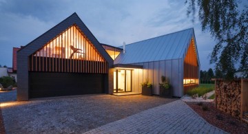 two barn house entrance at night