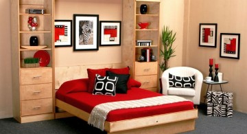 wall bed couch in red black and white