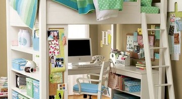 white loft bed with desk and book shelf