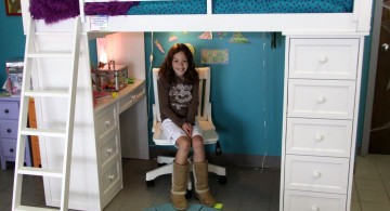 white loft bed with desk and many drawers