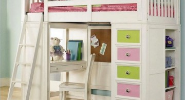 white loft bed with desk and pastel colored shelf