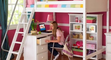 white loft bed with desk and stairs with railing