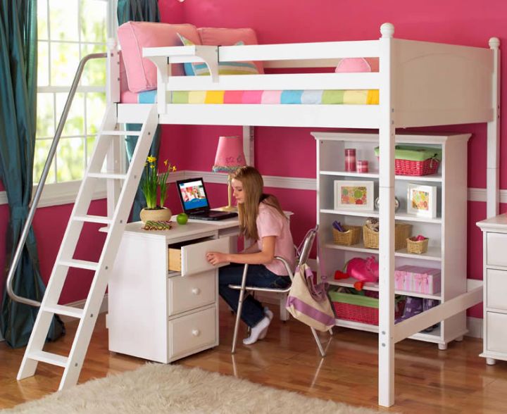 white loft bed with desk and stairs with railing
