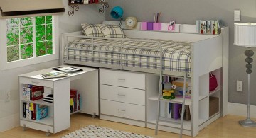 white loft bed with desk and storage