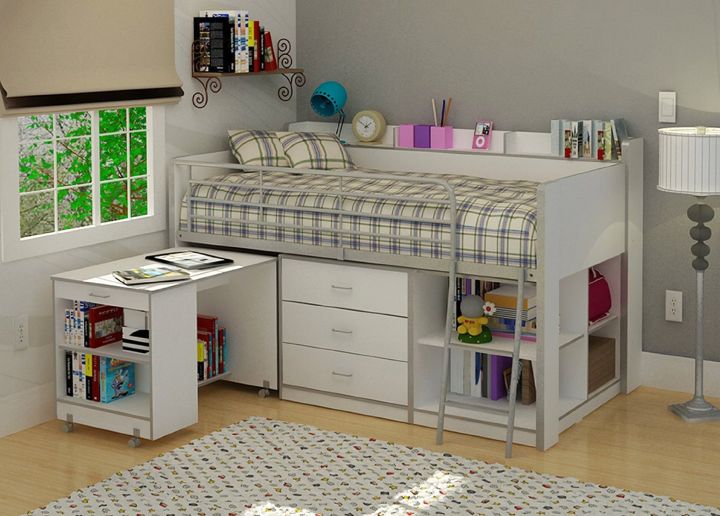 white loft bed with desk and storage