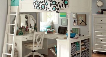 white loft bed with desk for work and vanity