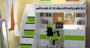 white loft bed with desk in green and white