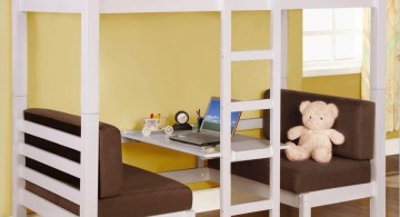 white loft bed with desk with brown sofa
