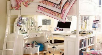 white loft bed with desk with pink bedding