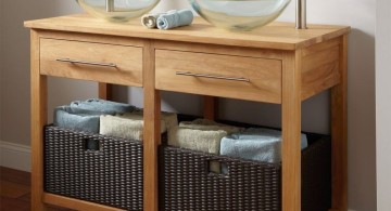 wood bathroom with bamboo basket