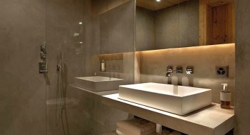 wood bathroom with floating marble vanity