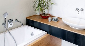 wood bathroom with in ground tub