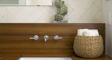 wood bathroom with rattan bowl