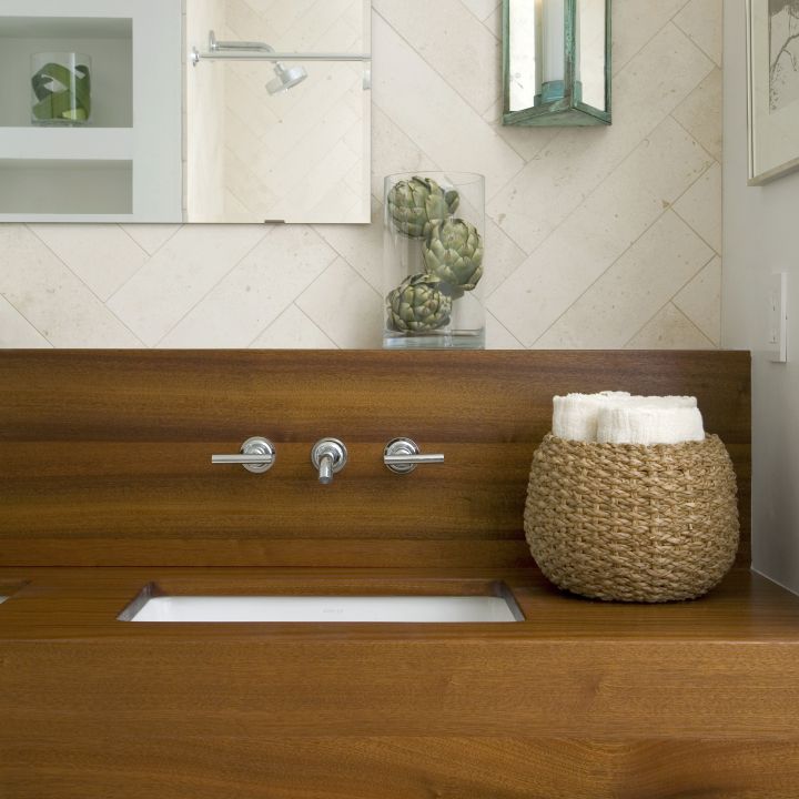 wood bathroom with rattan bowl
