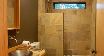 wood bathroom with small shower area