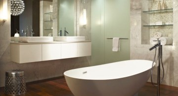wood bathroom with unique pendant lamp