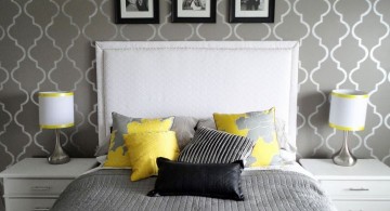 yellow gray bedroom with diamond wall panel