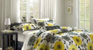 yellow gray bedroom with flower bedding