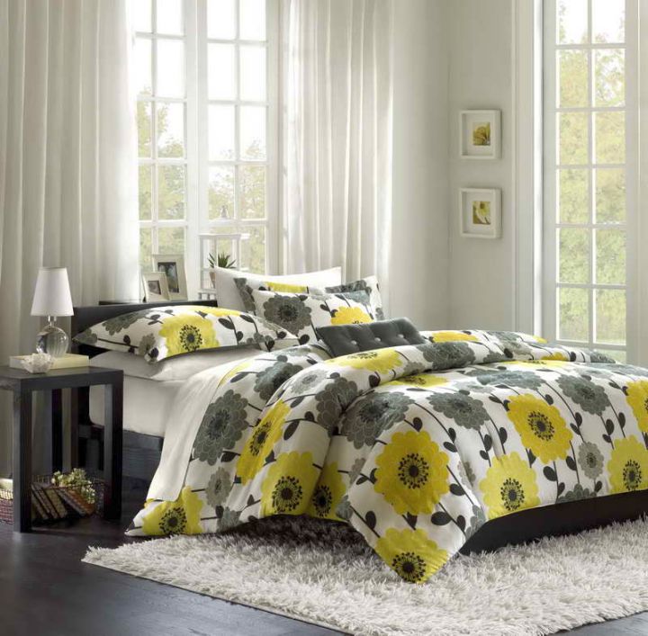 yellow gray bedroom with flower bedding