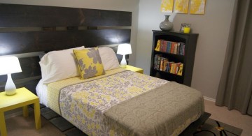 yellow gray bedroom with large headboard