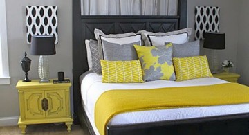 yellow gray bedroom with polkadot lamp shade