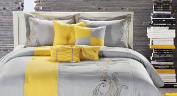 yellow gray bedroom with textured wall panel