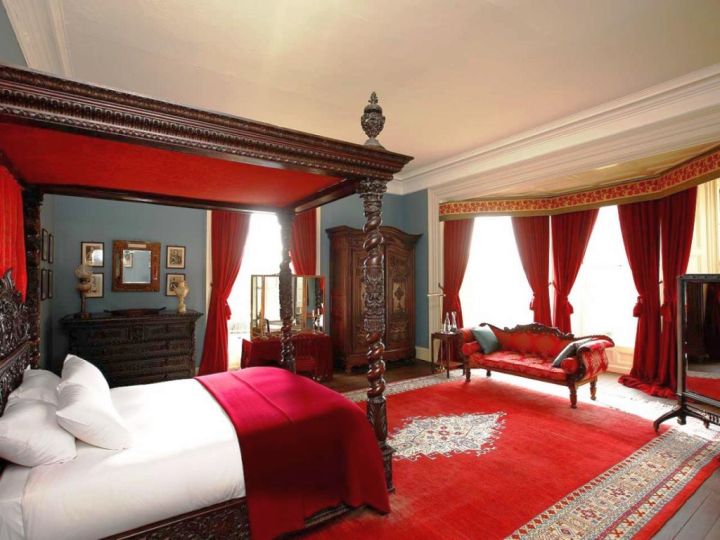 black and red bedroom ideas with Tudor style bed