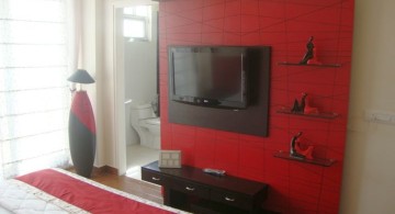 black and red bedroom ideas with floating shelf