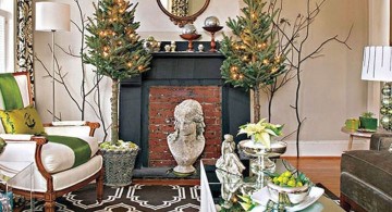 christmas room with branches and small trees