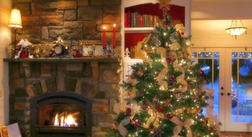 christmas room with stone fireplace