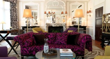 eclectic rooms with purple sofa