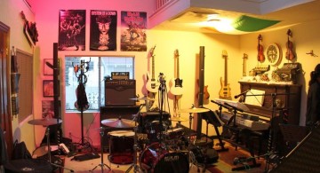 home music room with indoor balcony