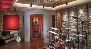 home music room with stone walls