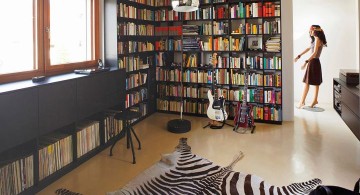 home music room with zebra rug and CD collection