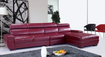 maroon living room with L shaped sofa