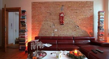 maroon living room with brick panel