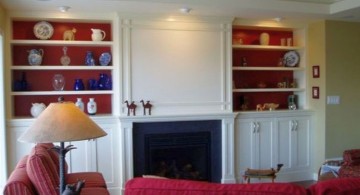 maroon living room with built in shelf