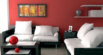 maroon living room with monochrome sofa set