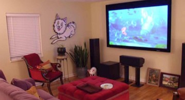 maroon living room with square ottoman