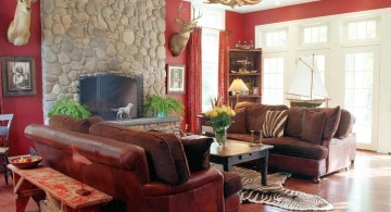 maroon living room with unique chandelier