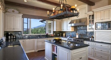 mediterranean kitchen designs with wrought iron hanging lamp