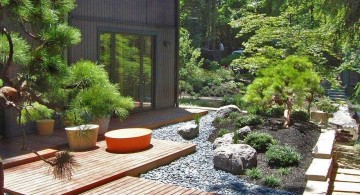 oriental garden design for side yard with wood pathway