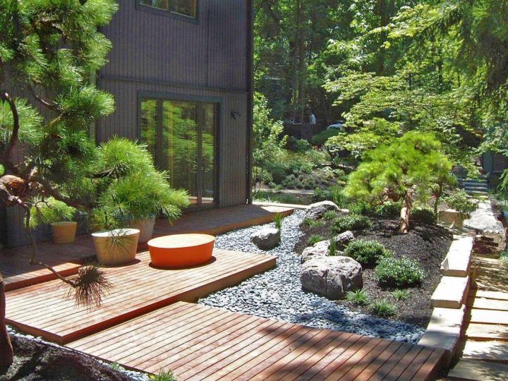 oriental garden design for side yard with wood pathway